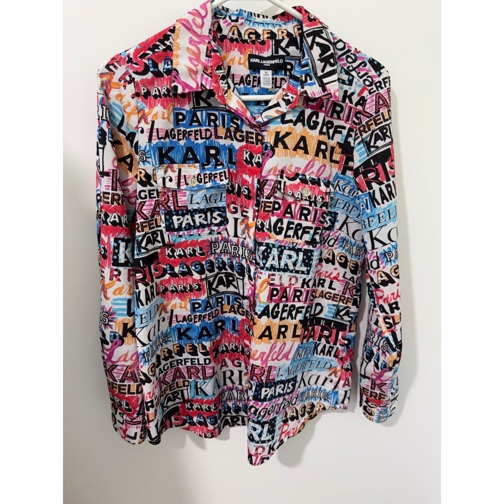 Karl Lagerfeld Paris Button Up Women Small Multicolor Graffiti Logo Excellent